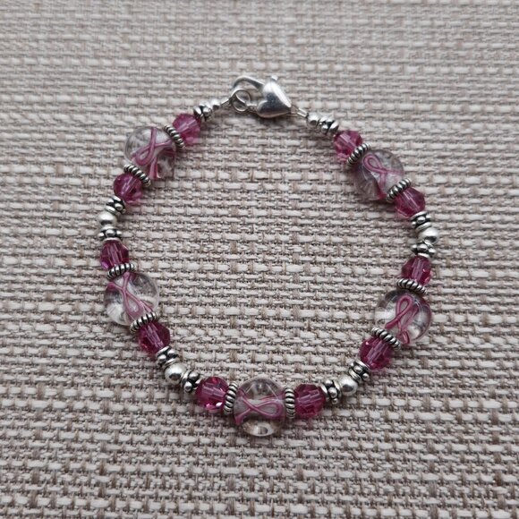 7 Inch Sterling Silver Breast Cancer Glass Charms Bracelet B488 - Picture 1 of 5